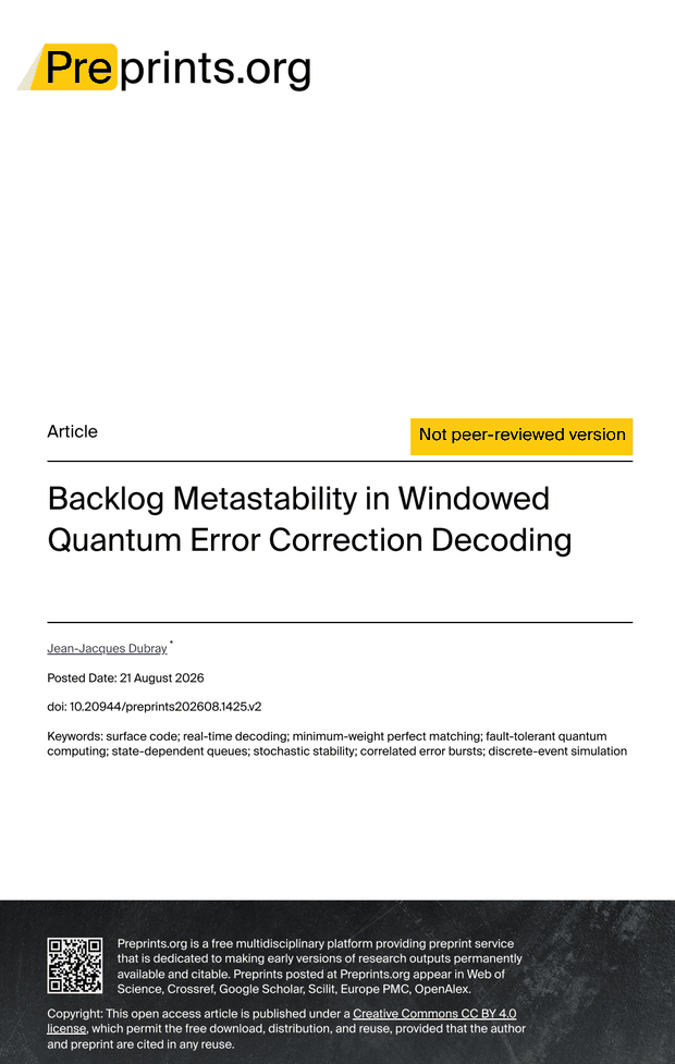 Cover page of the Preprints.org article “Backlog Metastability in Windowed Quantum Error Correction Decoding” by Jean-Jacques Dubray, posted 21 August 2026.