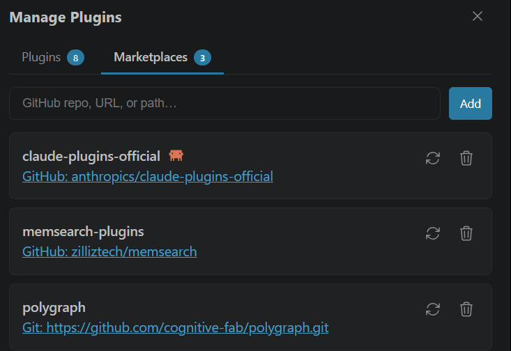 VS Code Manage Plugins — Marketplaces tab with the polygraph marketplace added