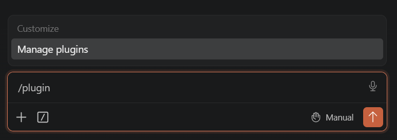 VS Code prompt box — typing /plugin surfaces the Manage plugins command