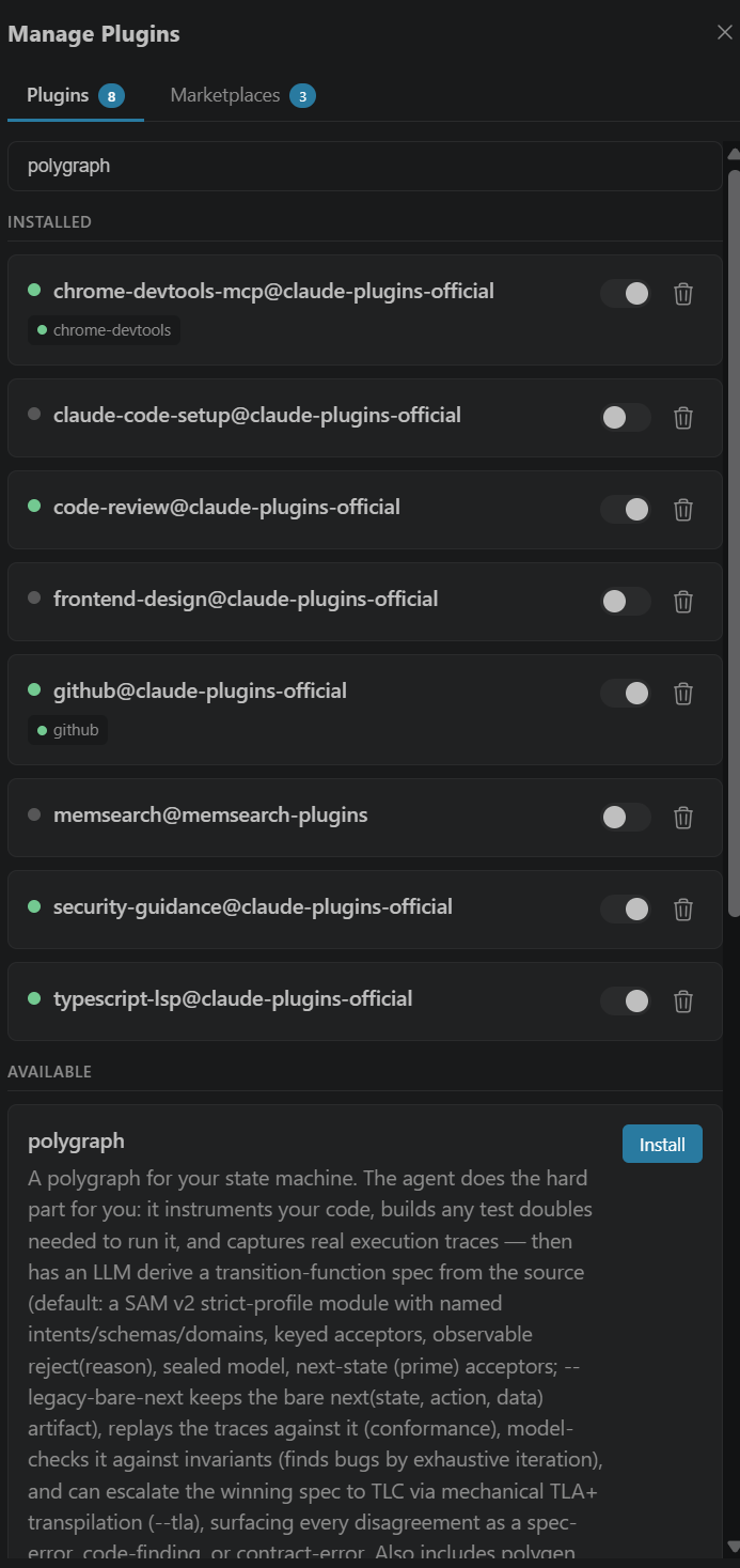 VS Code Manage Plugins — Plugins tab with polygraph ready to install